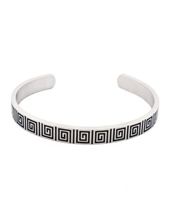 Brushed Stainless Steel Black Enamel Greek Key Pattern Cuff/Bangle