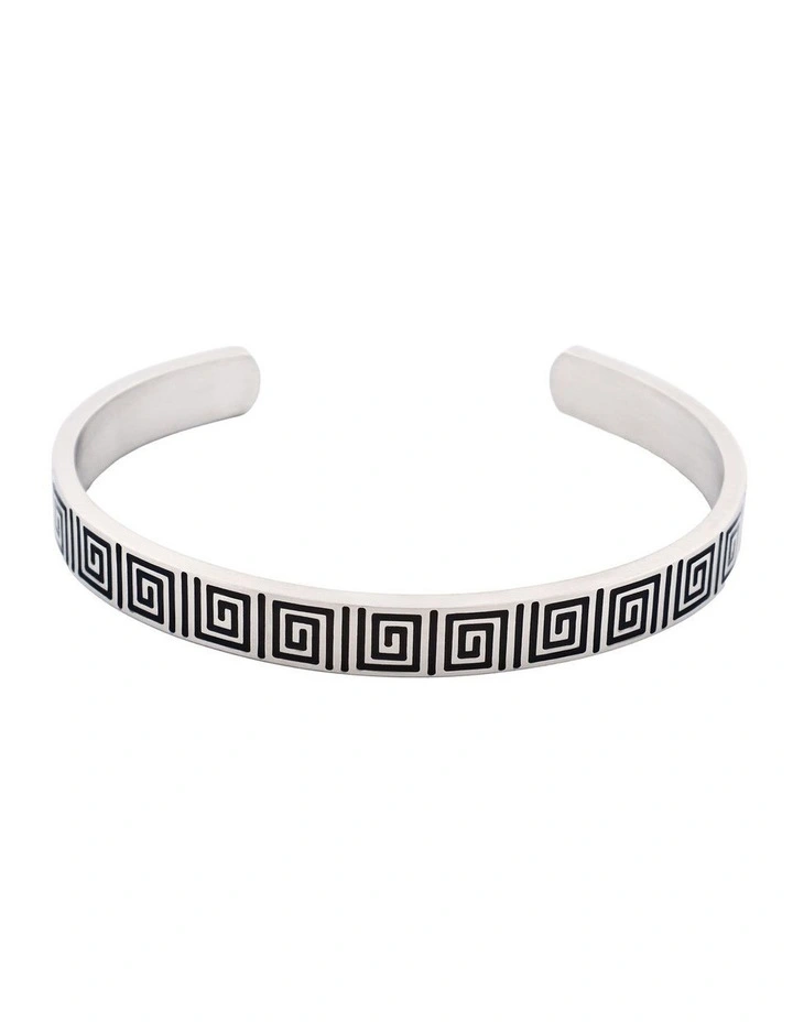 Brushed Stainless Steel Black Enamel Greek Key Pattern Cuff/Bangle image 1