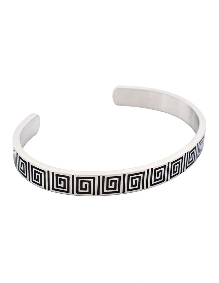 Brushed Stainless Steel Black Enamel Greek Key Pattern Cuff/Bangle image 2