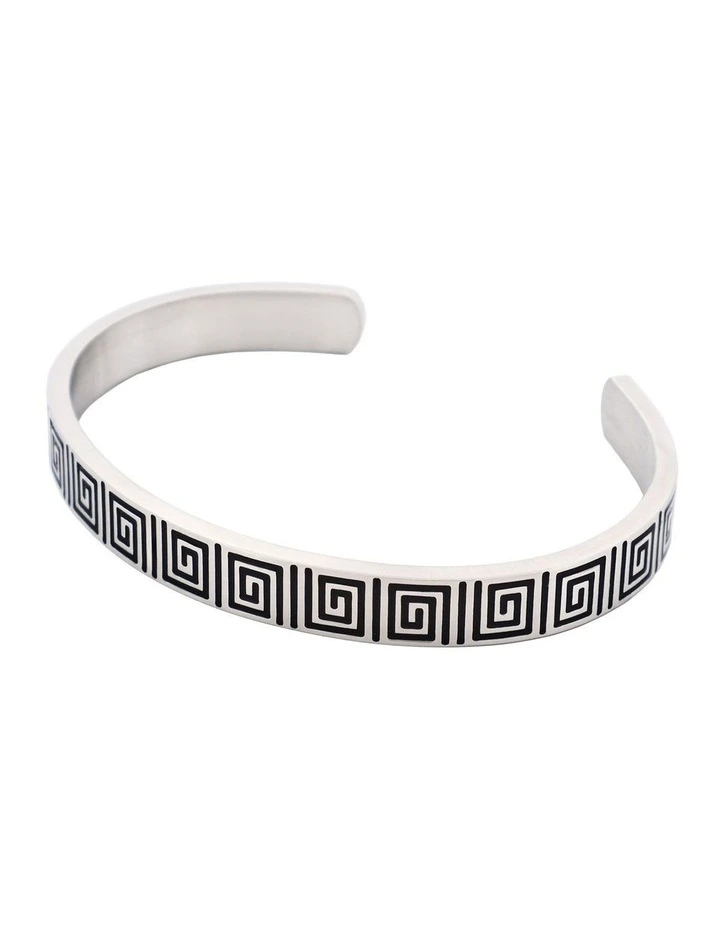 Brushed Stainless Steel Black Enamel Greek Key Pattern Cuff/Bangle image 3
