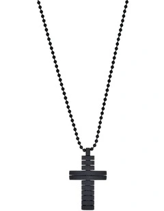 Ion Plated Black Horizontal Stripe Stainless Steel Cross Pendant on Ball Chain
