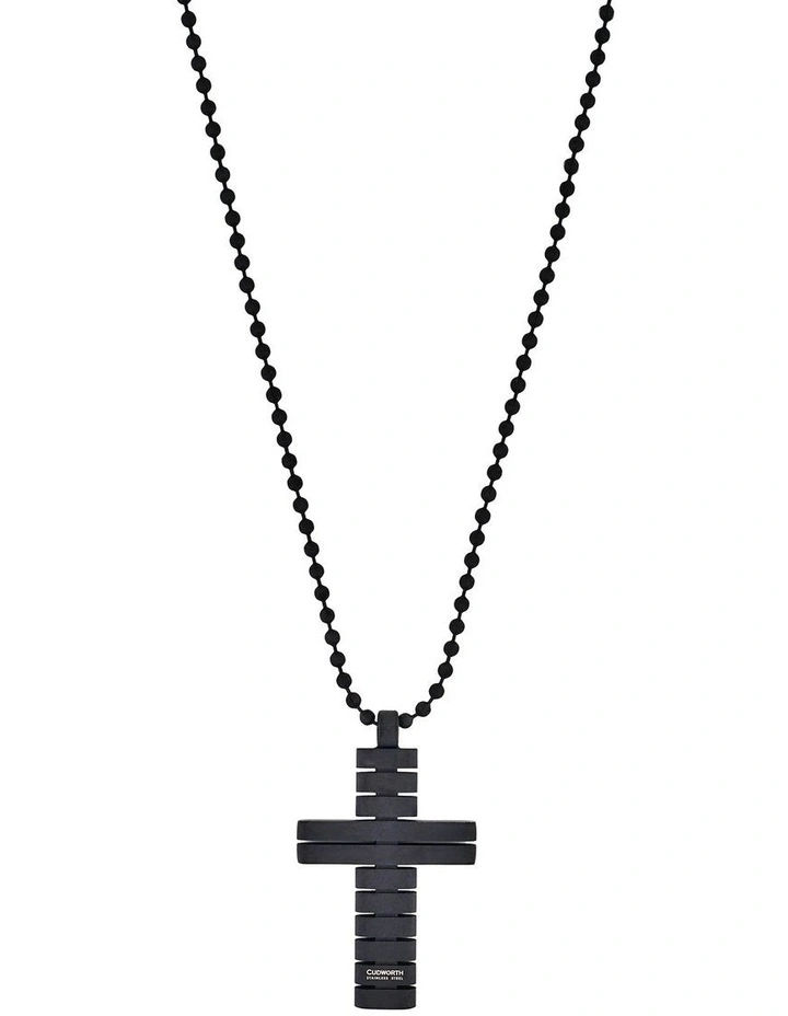 Ion Plated Black Horizontal Stripe Stainless Steel Cross Pendant on Ball Chain image 2