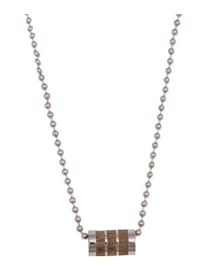 Polished Stainless Steel & Wood Inlay Bead Pendant on Ball Chain image 1