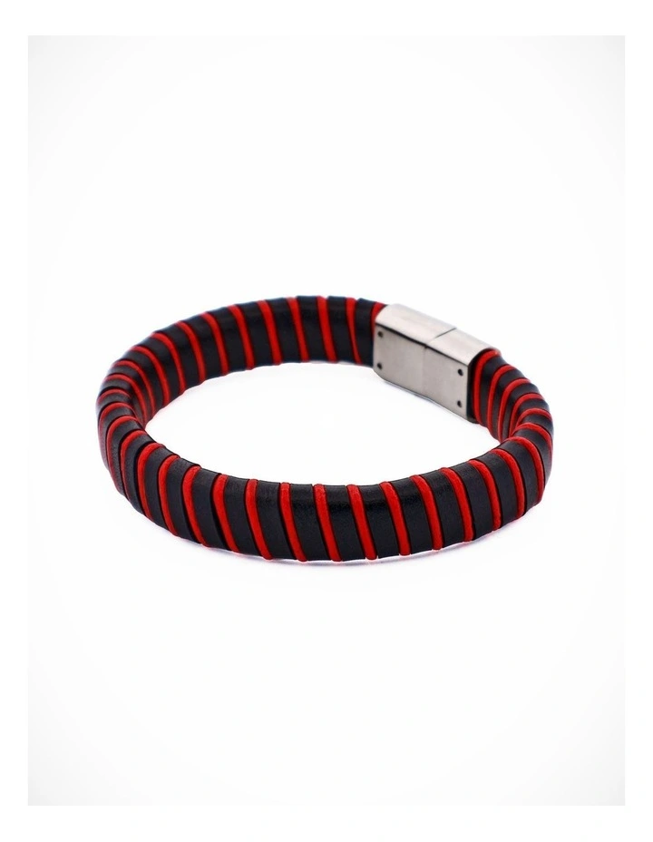 Black & Red Leather Bracelet with Stainless Steel Clasp image 2