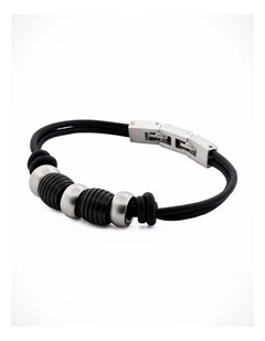 Stainless Steel/Ion Plated Black Beaded/Leather Bracelet