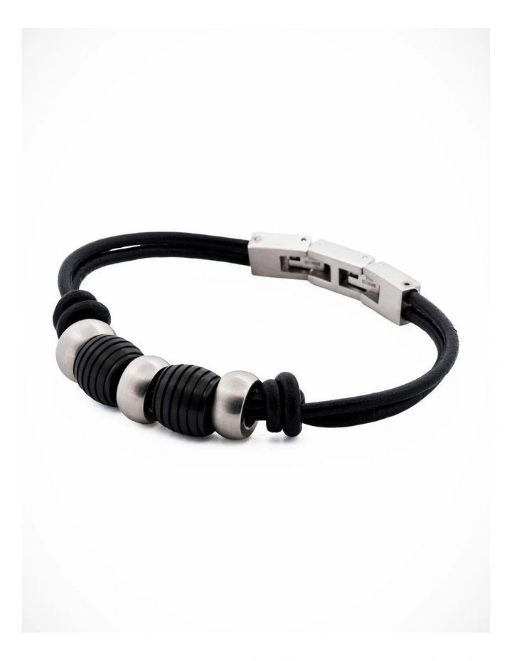 Stainless Steel/Ion Plated Black Beaded/Leather Bracelet image 1