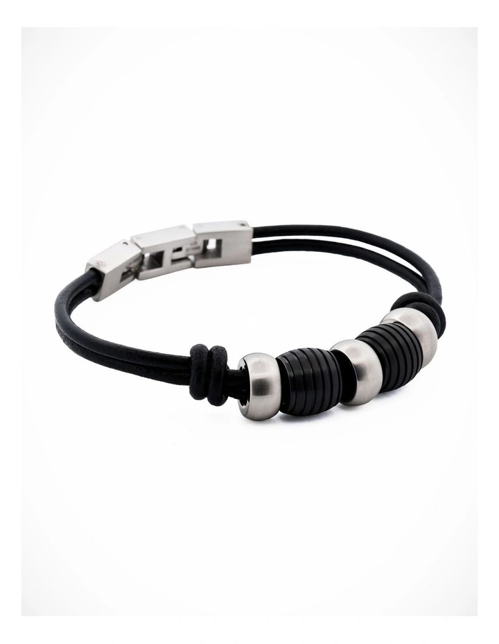 Stainless Steel/Ion Plated Black Beaded/Leather Bracelet image 2