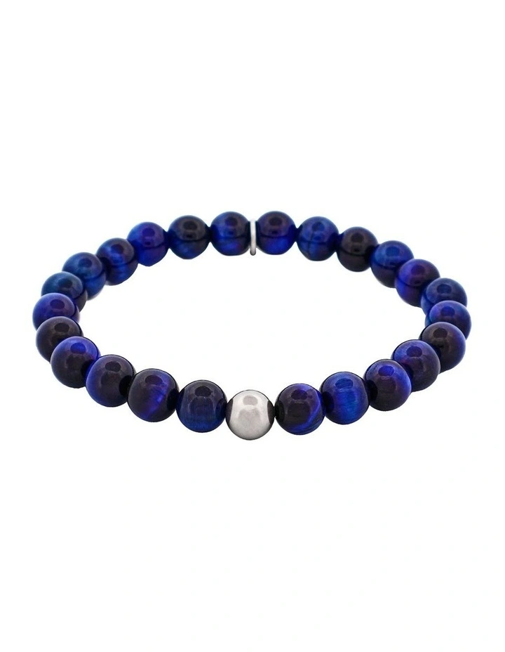 8mm Blue Tiger Eye Stainless Steel Bead Bracelet image 1