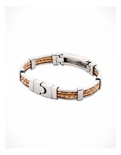 Polished Stainless Steel Bracelet with Double Strand Braided Tan Leather