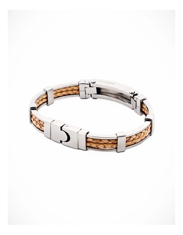 Polished Stainless Steel Bracelet with Double Strand Braided Tan Leather image 1