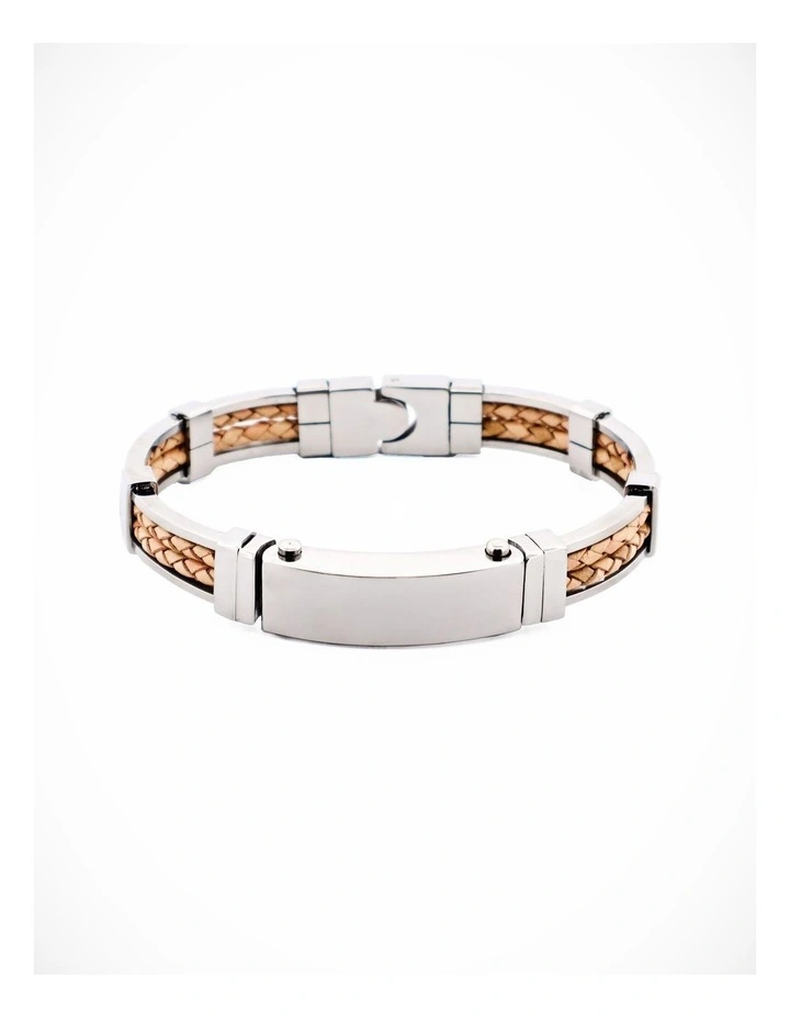 Polished Stainless Steel Bracelet with Double Strand Braided Tan Leather image 2