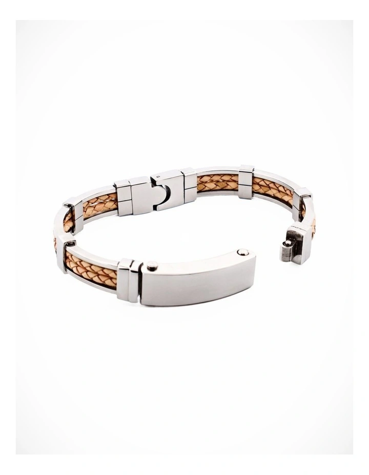 Polished Stainless Steel Bracelet with Double Strand Braided Tan Leather image 3