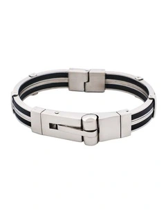 Polished Stainless Steel & Black Rubber Bracelet with Locking Clasp