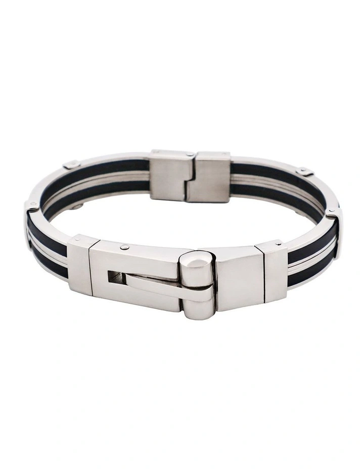Polished Stainless Steel & Black Rubber Bracelet with Locking Clasp image 1