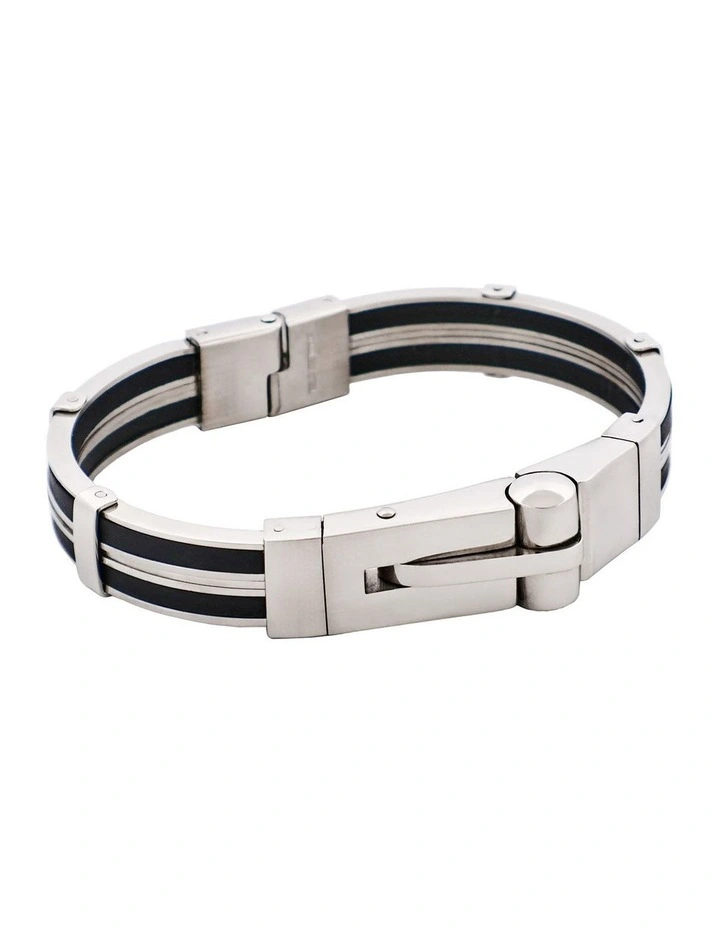 Polished Stainless Steel & Black Rubber Bracelet with Locking Clasp image 2