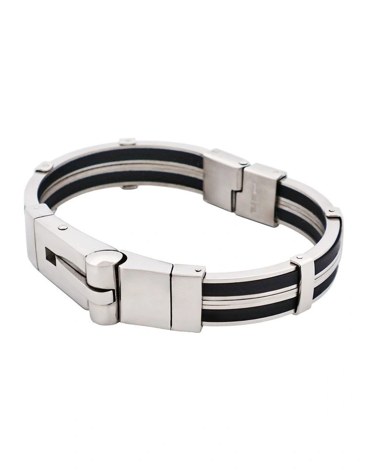Polished Stainless Steel & Black Rubber Bracelet with Locking Clasp image 3