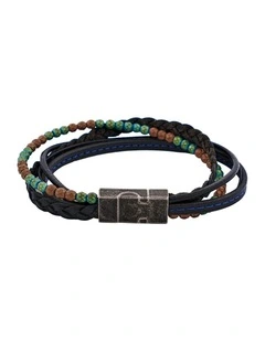 Multi-Strand Blue Leather & Hematite Beads Bracelet with Ion Plated Antique Stainless Steel
