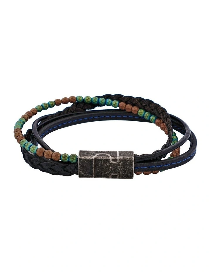Multi-Strand Blue Leather & Hematite Beads Bracelet with Ion Plated Antique Stainless Steel image 1