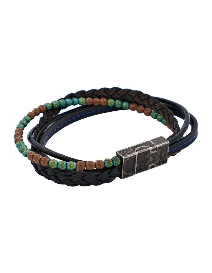 Multi-Strand Blue Leather & Hematite Beads Bracelet with Ion Plated Antique Stainless Steel image 2