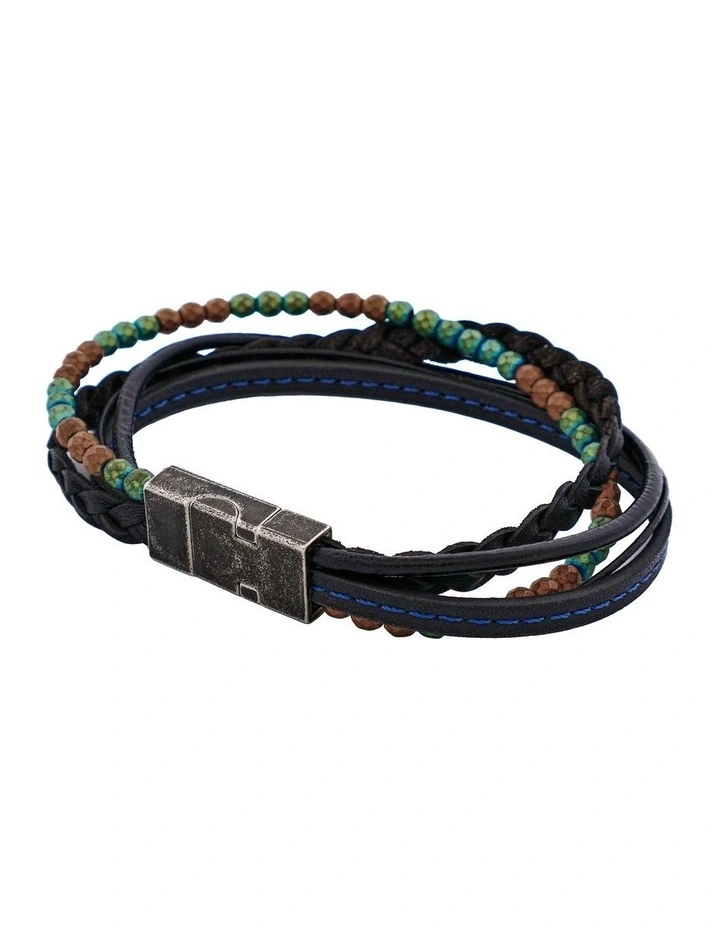 Multi-Strand Blue Leather & Hematite Beads Bracelet with Ion Plated Antique Stainless Steel image 3