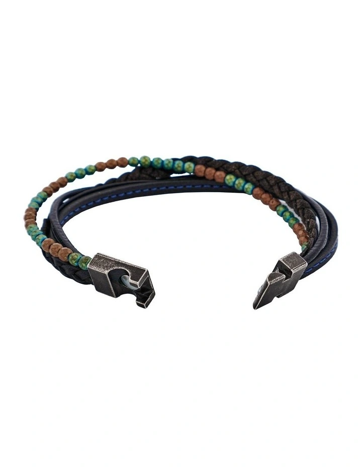 Multi-Strand Blue Leather & Hematite Beads Bracelet with Ion Plated Antique Stainless Steel image 4