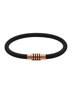 Black Silicone Bracelet with Ion Plated Black Stripes On Ion Plated Rose Gold Stainless Steel Clasp