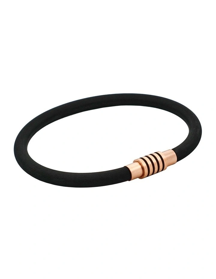 Black Silicone Bracelet with Ion Plated Black Stripes On Ion Plated Rose Gold Stainless Steel Clasp image 2