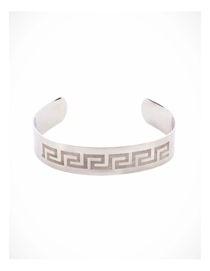 Brushed Stainless Steel Bangle & Cuff - Etched Greek Key Pattern image 2