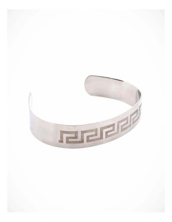 Brushed Stainless Steel Bangle & Cuff - Etched Greek Key Pattern image 3