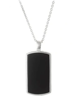 Polished Rhodium Plated Sterling Silver Dog Tag Pendant with Black Agate Inlay & Scalloped Edge