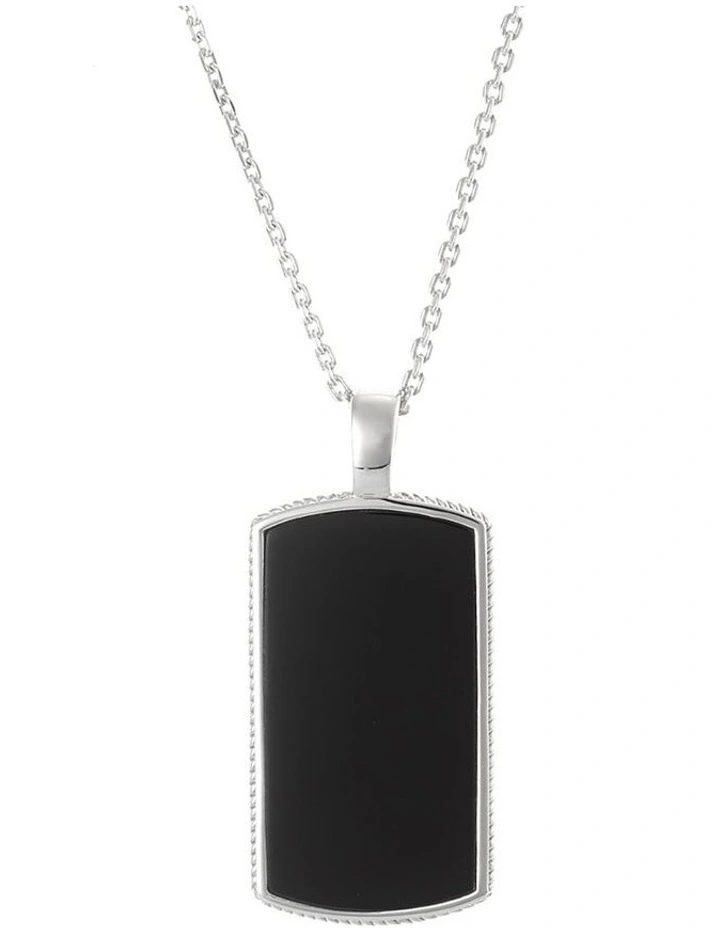 Polished Rhodium Plated Sterling Silver Dog Tag Pendant with Black Agate Inlay & Scalloped Edge image 1