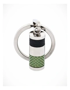Stainless Steel & Green Carbon & Leather Key Ring