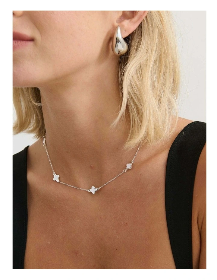 Mini Clover Silver Necklace - White image 2