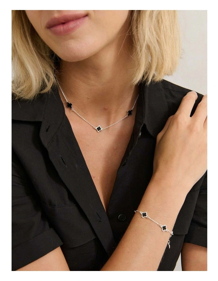 Mini Clover Silver Necklace - Black image 4
