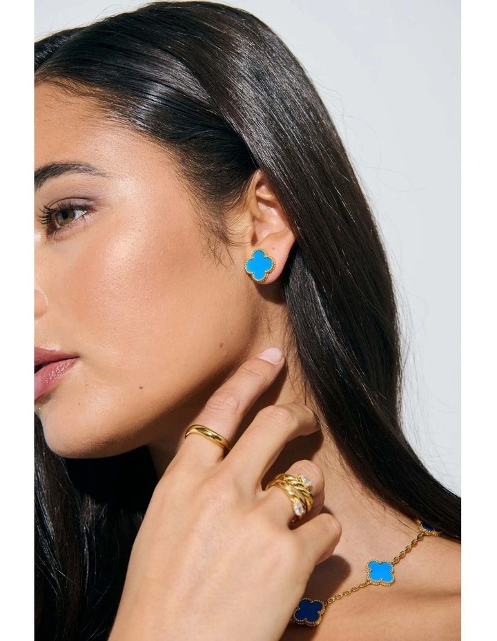 Charlotte Gold Clover Earrings - Blue image 2