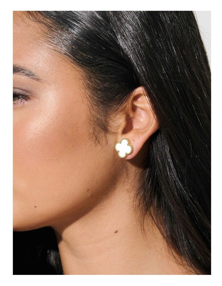 Charlotte Gold Clover Earrings - White image 2