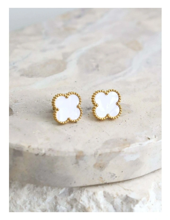 Charlotte Gold Clover Earrings - White image 3