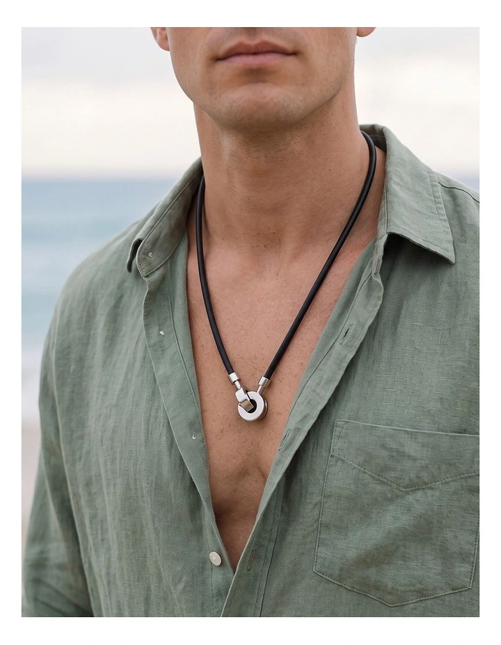 Stainless Steel & Brown Leather Necklace image 2