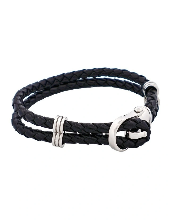 Polished Stainless Steel Buckle Black Leather Bracelet image 2