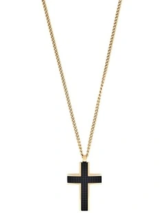 Ion Plated 14k Gold & Black Chequered Inlay Cross OnIon Plated Gold Curbed Link Chain