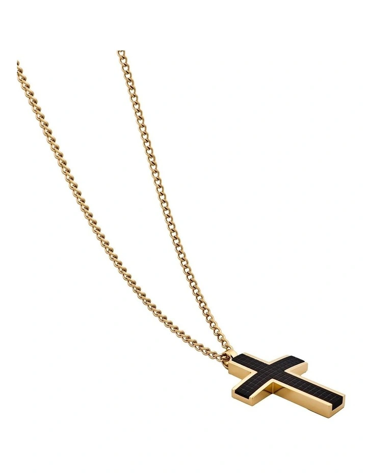 Ion Plated 14k Gold & Black Chequered Inlay Cross OnIon Plated Gold Curbed Link Chain image 4