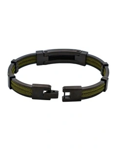 Polished Black Ion Plated Stainless Steel & Army Green Leather Bracelet