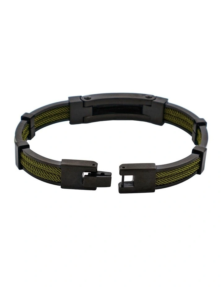 Polished Black Ion Plated Stainless Steel & Army Green Leather Bracelet image 2