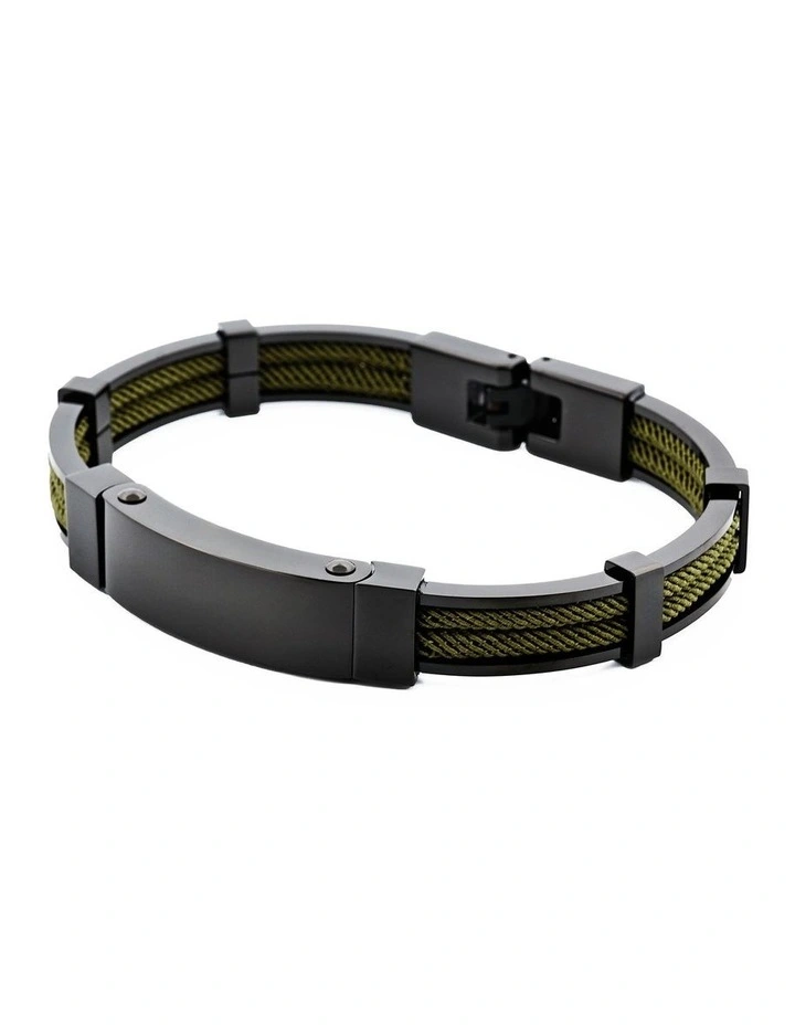 Polished Black Ion Plated Stainless Steel & Army Green Leather Bracelet image 3