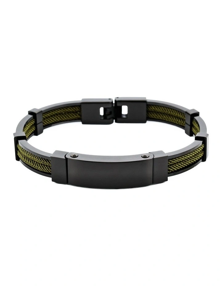 Polished Black Ion Plated Stainless Steel & Army Green Leather Bracelet image 6