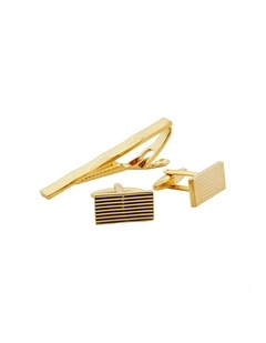 Gold Plated Rectangular Cufflinks & Tie Bar Set Matching with Lined Patterns