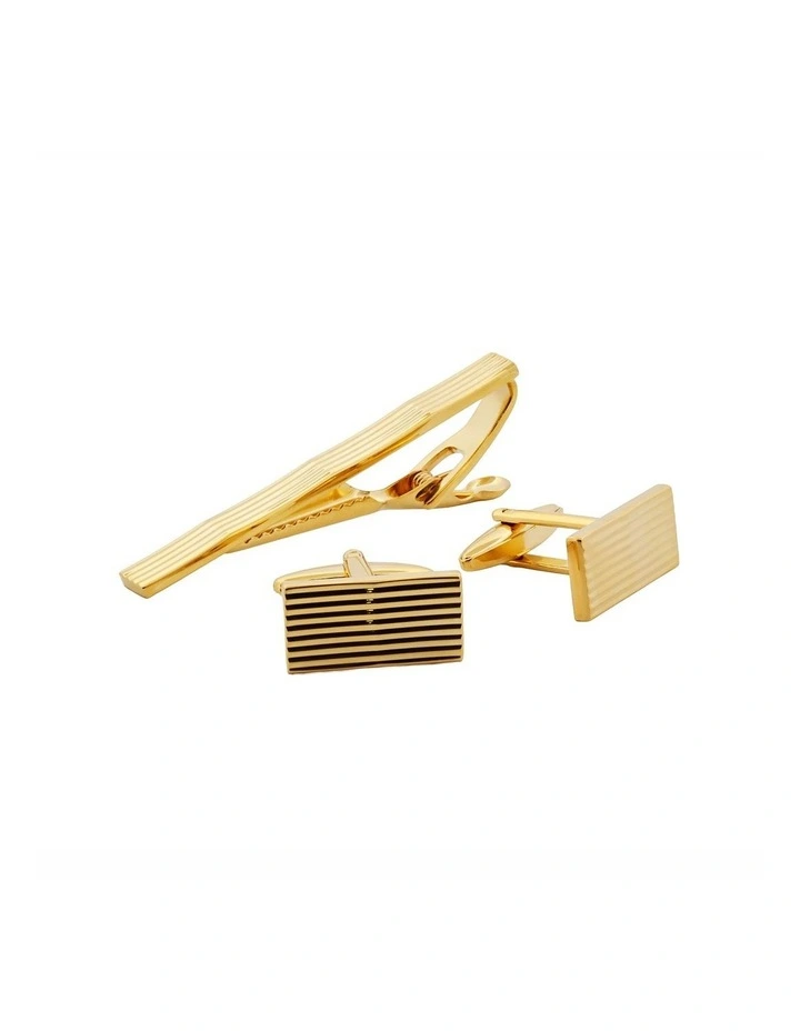 Gold Plated Rectangular Cufflinks & Tie Bar Set Matching with Lined Patterns image 2