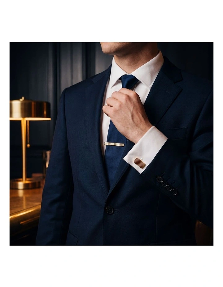 Gold Plated Rectangular Cufflinks & Tie Bar Set Matching with Lined Patterns image 3