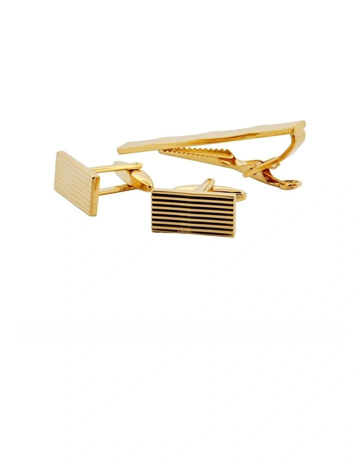 Gold Plated Rectangular Cufflinks & Tie Bar Set Matching with Lined Patterns image 4