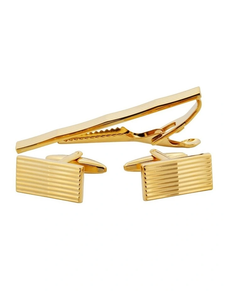 Gold Plated Rectangular Cufflinks & Tie Bar Set Matching with Lined Patterns image 5